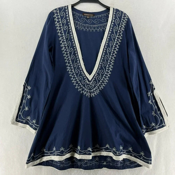 Adrienne Vittadini Dress Tunic M Blue Embroidered V Neck Flare Hem Unlined Boho - Picture 1 of 13